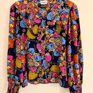 FRNCH Navy Floral Button-Front Blouse with Multicolor Blooms